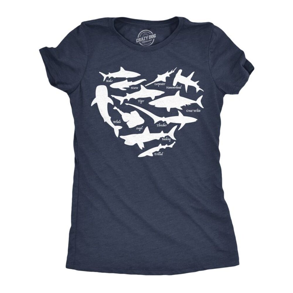 Womens Funny T Shirts Shark Types Heart Sarcastic Ocean Lover Tee For Ladies